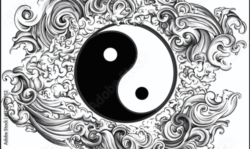 Yin yang with intricate swirl patterns surrounded by flowing elements, linear icons set, vector.