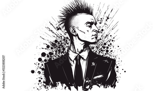Punk rock character in suit with spiky hair - black and white vector, linear style icons set.