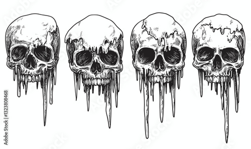 Melting skulls with dripping details - linear icons set, vector.