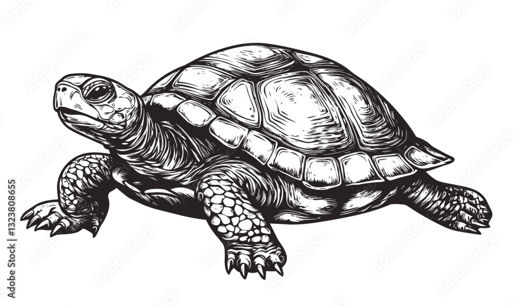 Fototapeta premium Tortoise drawing with detailed shell and proportions, vector style, linear icons set.