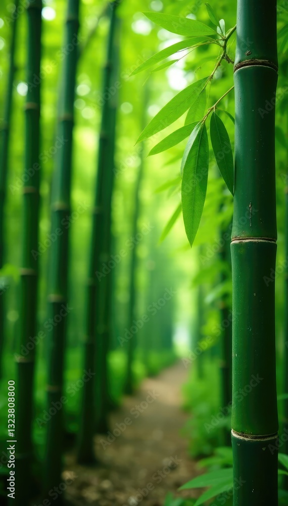 Fototapeta premium Tall green bamboo stalks in the background with a peach tree in focus, green, tree, bamboo
