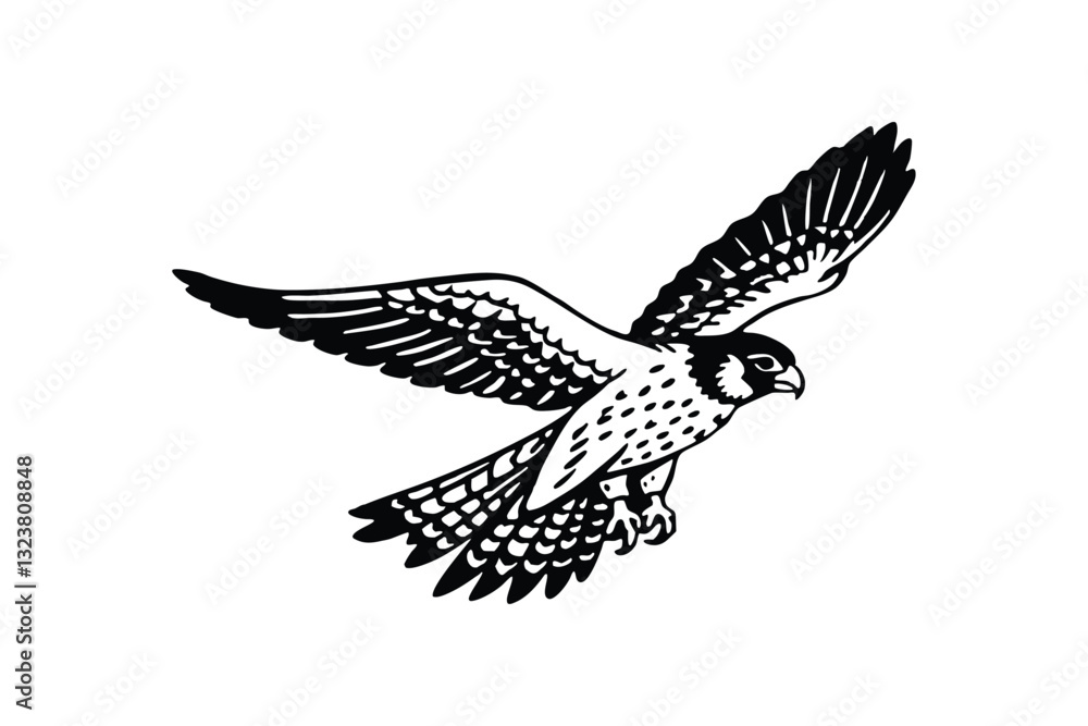 Obraz premium A black and white illustration of a falcon in mid-flight.eps