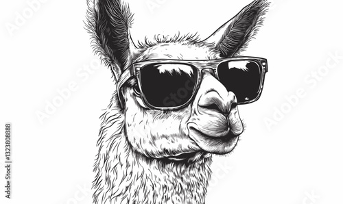 Cool alpaca with sunglasses in stylish black and white, linear icons set, vector.