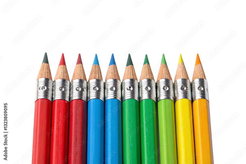 A row of brightly colored pencils, each capped with silver ferrules, creating a bold contrast between vivid hues and metallic details, isolated on a transparent background A row of brightly colored pencils, each capped with silver ferrules, creating a bold contrast between vivid hues and metallic details, isolated on a transparent background