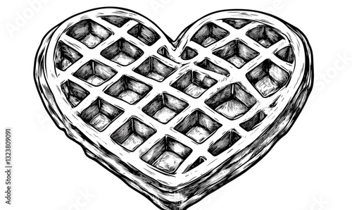 Heart-shaped waffle drawing in black and white, vector, linear icons set.