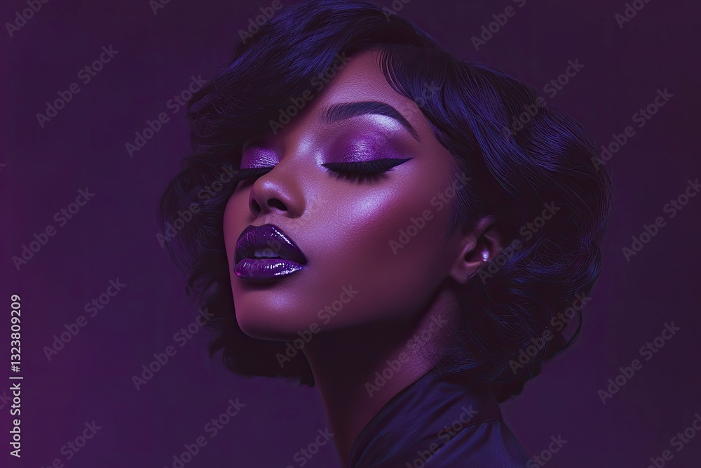 Close-up of a woman with dark purple lips and dramatic winged eyeliner, exuding confidence and elegance, her eyes closed and head slightly tilted, capturing a serene moment Close-up of a woman with dark purple lips and dramatic winged eyeliner, exuding confidence and elegance, her eyes closed and head slightly tilted, capturing a serene moment