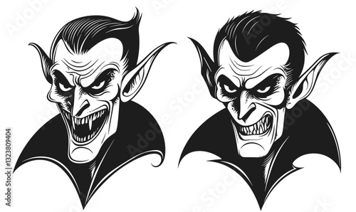 Vampire heads icons set in black and white, linear flat style vector.