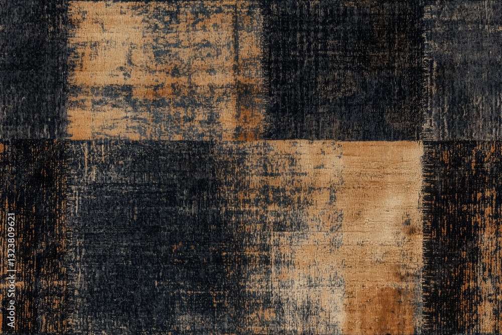 Obraz premium Seamless carpet textured fabric pattern featuring a mix of dark blue, black, and warm beige tones, arranged in a patchwork style. The surface has a distressed look.