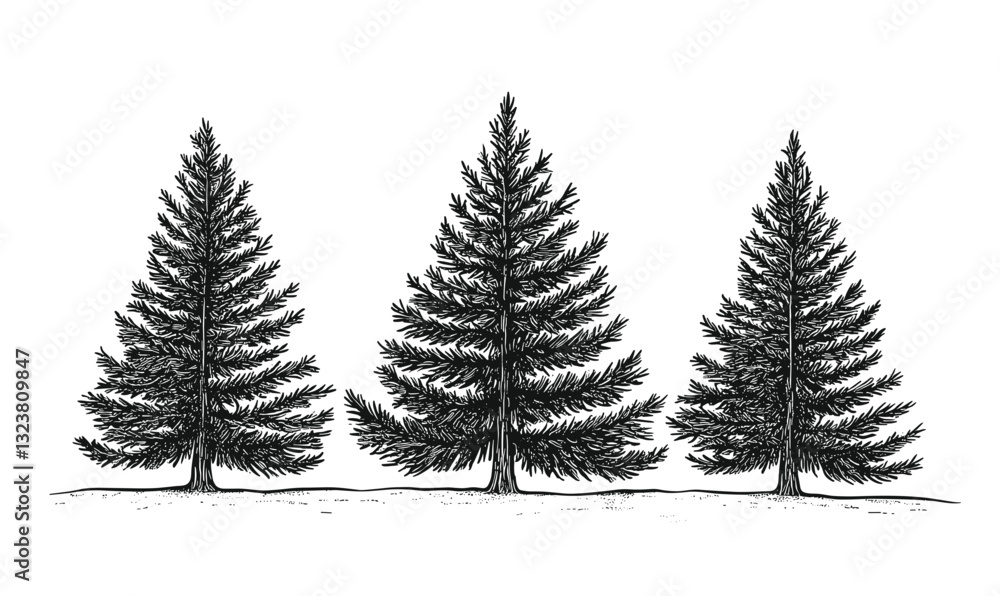 Obraz premium Set of pine tree illustrations in linear style, vector icons set.