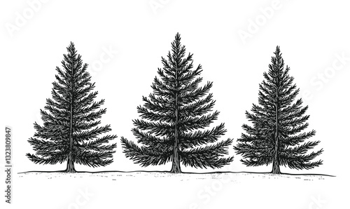 Set of pine tree illustrations in linear style, vector icons set.
