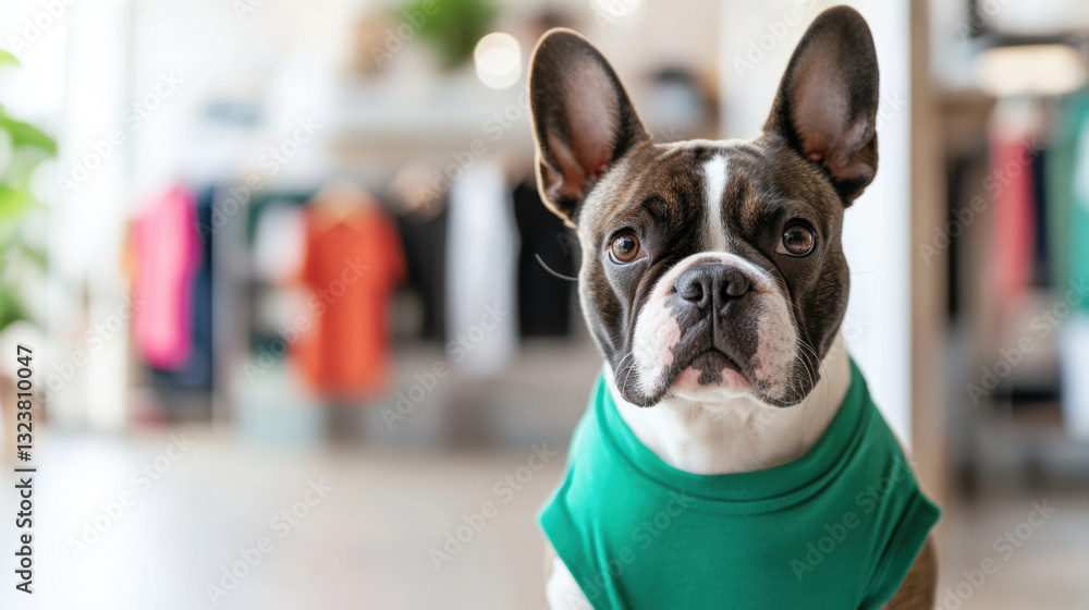 Stylish dog wearing green clothing in boutique setting, showcasing pet fashion. dog looks curious and playful, surrounded by colorful apparel Stylish dog wearing green clothing in boutique setting, showcasing pet fashion. dog looks curious and playful, surrounded by colorful apparel