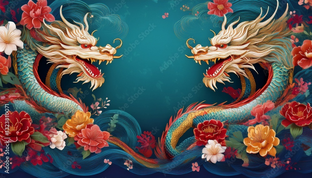 Obraz premium beautiful majestic chinese dragon with vibrant colorful flowers 