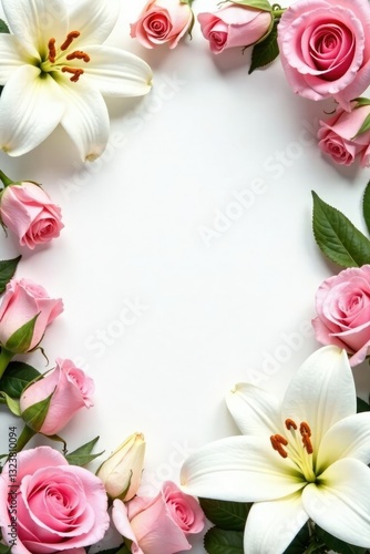 White lily and pink roses mix in an elegant arrangement, white lilies, pink roses