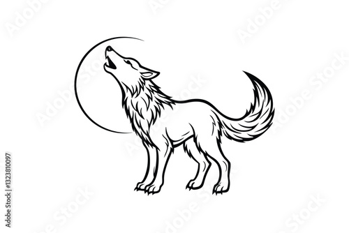 A black and white line art illustration of a wolf howling at the moon.eps