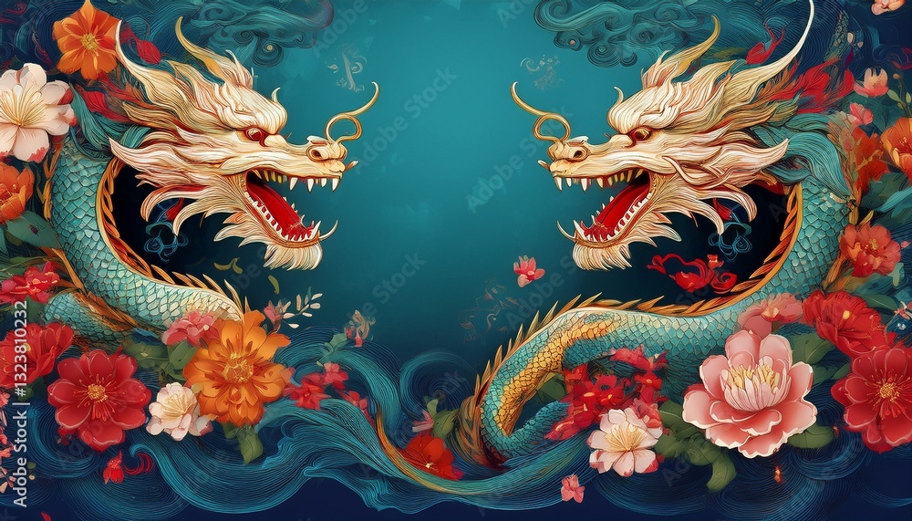 Fototapeta premium beautiful majestic chinese dragon with vibrant colorful flowers 