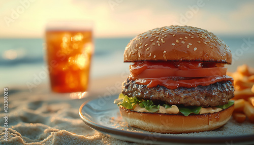 Burger, fries and drink on the beach