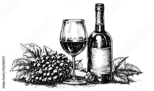 Wine bottle, glass, grapes, and leaves icon set - linear vector.