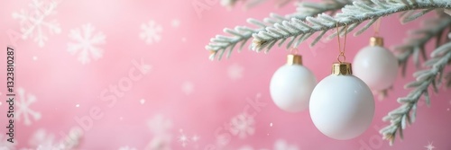 White ornaments dangle from a frosted branch against a pastel pink backdrop, holiday decoration, snowflakes