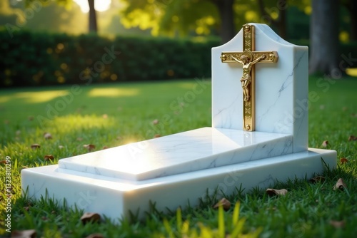 white marble grave with gold cross and crucifix on the side, crucifix, tombstone