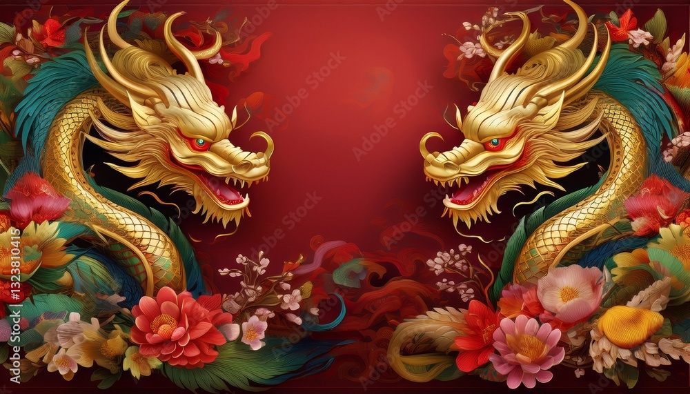 Obraz premium beautiful majestic chinese dragon with vibrant colorful flowers 