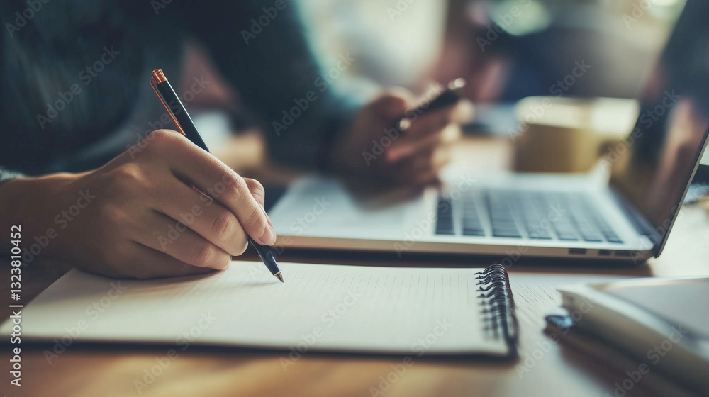 Woman take a tasks in notebook on office table with laptop. Office issues, new work, employers, boss, new work. Woman take a tasks in notebook on office table with laptop. Office issues, new work, employers, boss, new work.