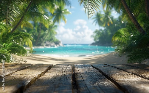 Tropical Beach Scene with Wooden Planks for Product Placement and Ocean Background