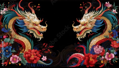 Wallpaper Mural beautiful majestic chinese dragon with vibrant colorful flowers	
 Torontodigital.ca