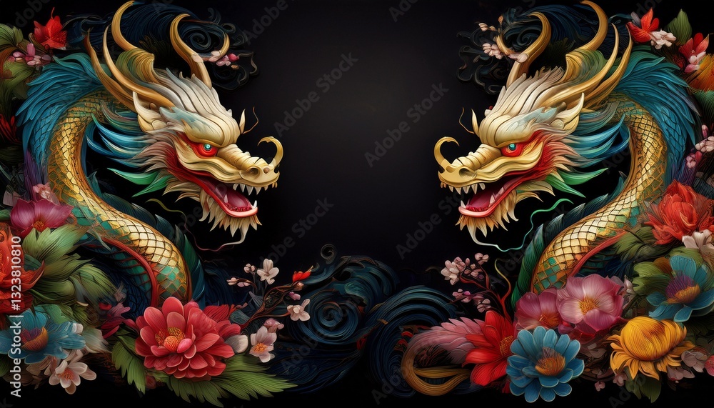 Fototapeta premium beautiful majestic chinese dragon with vibrant colorful flowers 