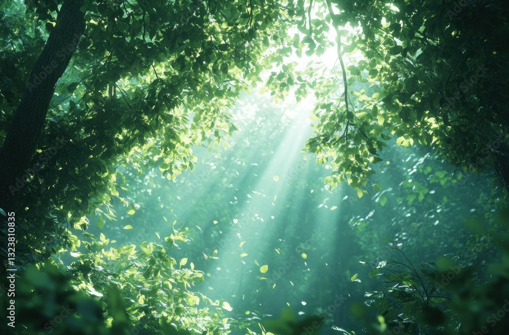 Fototapeta premium Serene Morning in a Vibrant Green Forest Pathway with Sunlight Filtering Through Trees