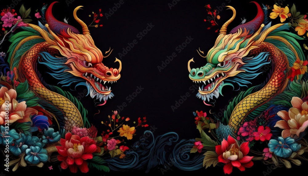 Fototapeta premium beautiful majestic chinese dragon with vibrant colorful flowers 