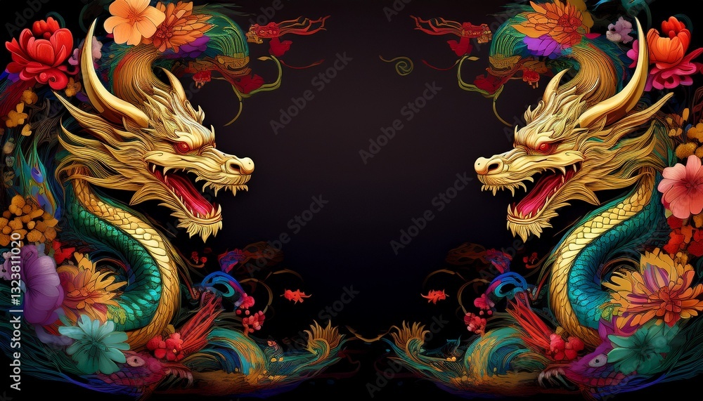 Obraz premium beautiful majestic chinese dragon with vibrant colorful flowers 
