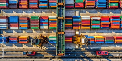 Aerial View Container Train Loading: Transtainer Lifting Cargo Containers onto Rail