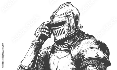 Medieval knight in thoughtful pose with helmet, flat style, icons set, vector.