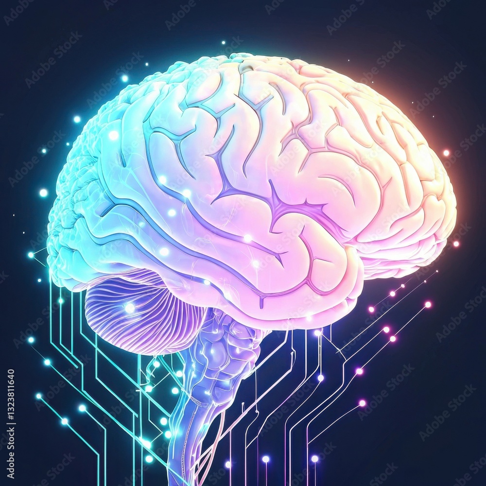 A futuristic AI brain with glowing circuits and holographic neural network design. A futuristic AI brain with glowing circuits and holographic neural network design.