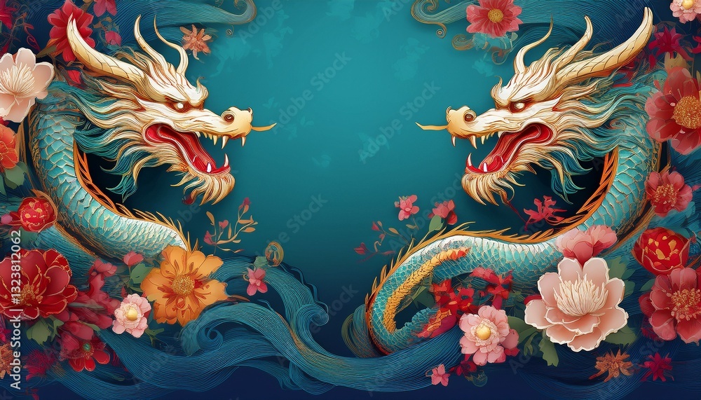 Obraz premium beautiful majestic chinese dragon with vibrant colorful flowers 