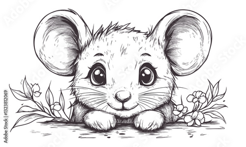 Cute mouse with flowers illustration, adorable rodent animal drawing, linear icons set, vector.