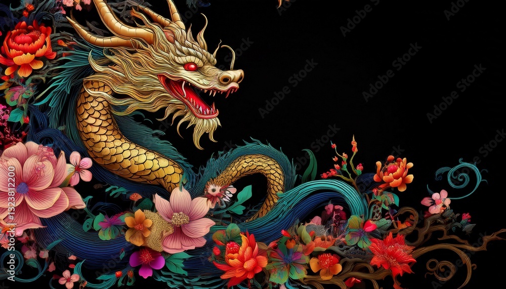 Fototapeta premium beautiful majestic chinese dragon with vibrant colorful flowers 