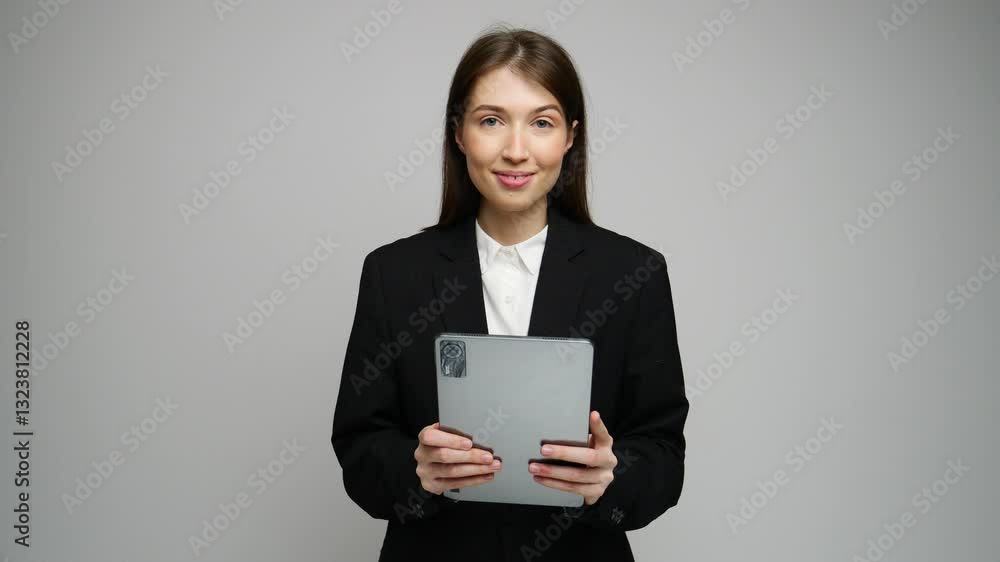 A confident businesswoman smiles while holding a tablet, ready for a consulting session. A confident businesswoman smiles while holding a tablet, ready for a consulting session.