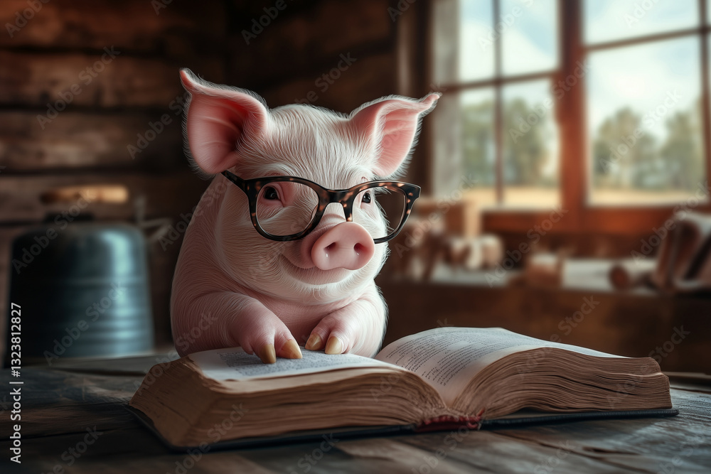 A pig wearing glasses is reading an open book on the table in front of it A pig wearing glasses is reading an open book on the table in front of it