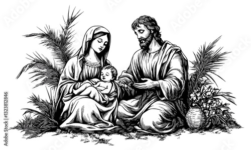 Holy family with baby jesus, mary, and joseph - religious linear icons set.