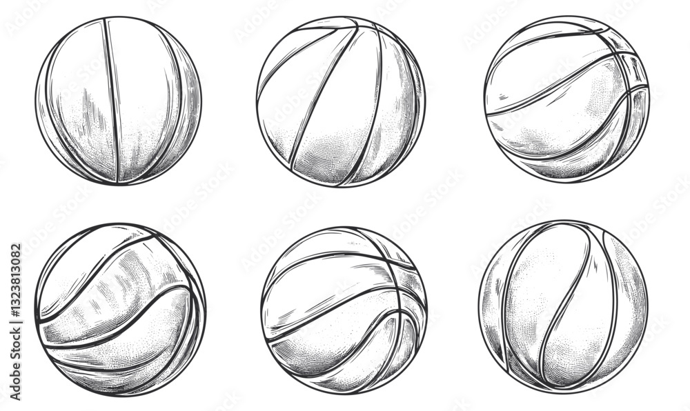 Obraz premium Set of six hand-drawn basketball icons in linear style, vector.