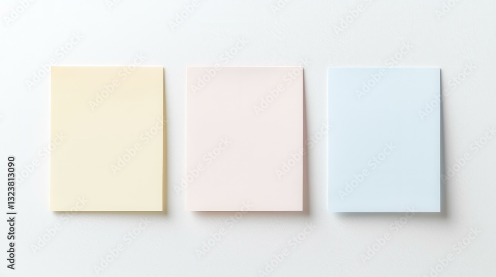 Three blank pastel paper sheets aligned horizontally on a white surface. Three blank pastel paper sheets aligned horizontally on a white surface.