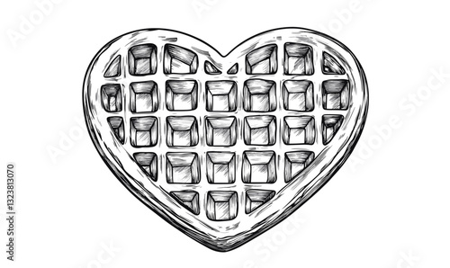 Heart-shaped waffle in black and white, linear icons set, vector.