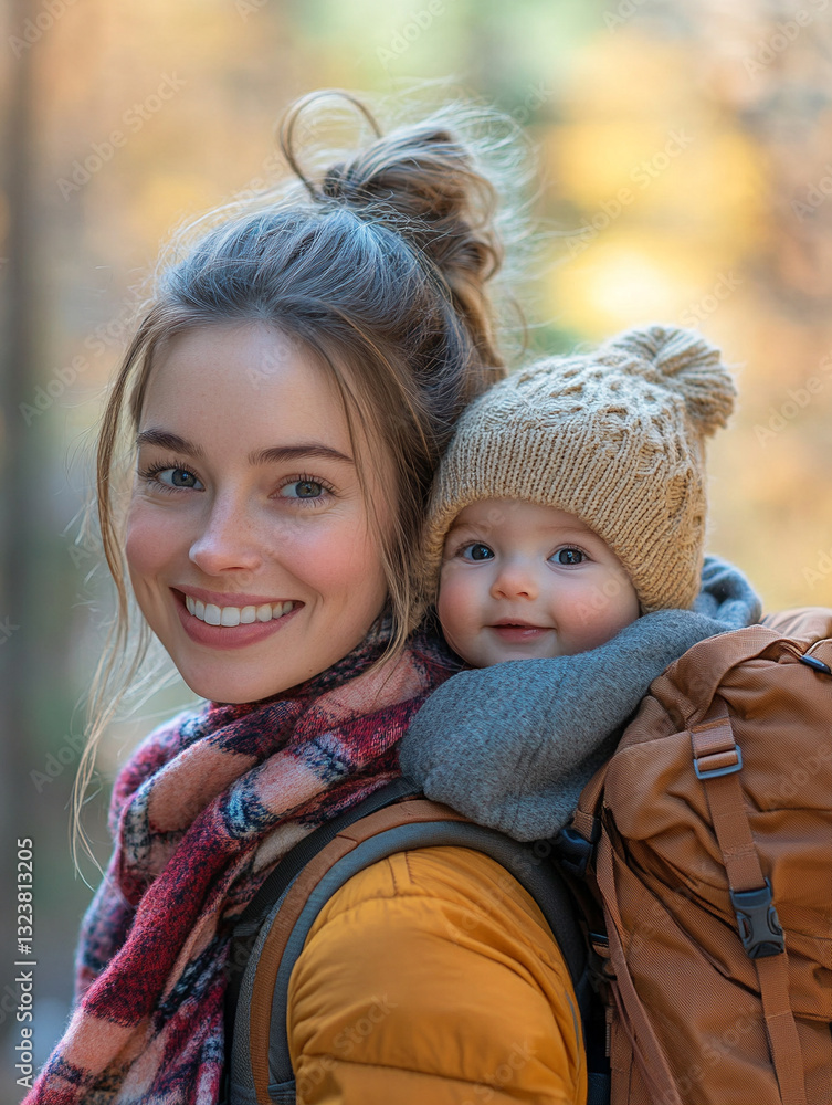 Obraz premium Mother and baby enjoying a nature hike in autumn