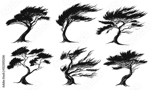 Windy trees silhouette icons set in flat style - vector.