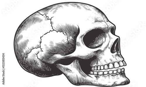 Human skull side view detailed sketch, vector art, black and white, linear illustration, icons set.