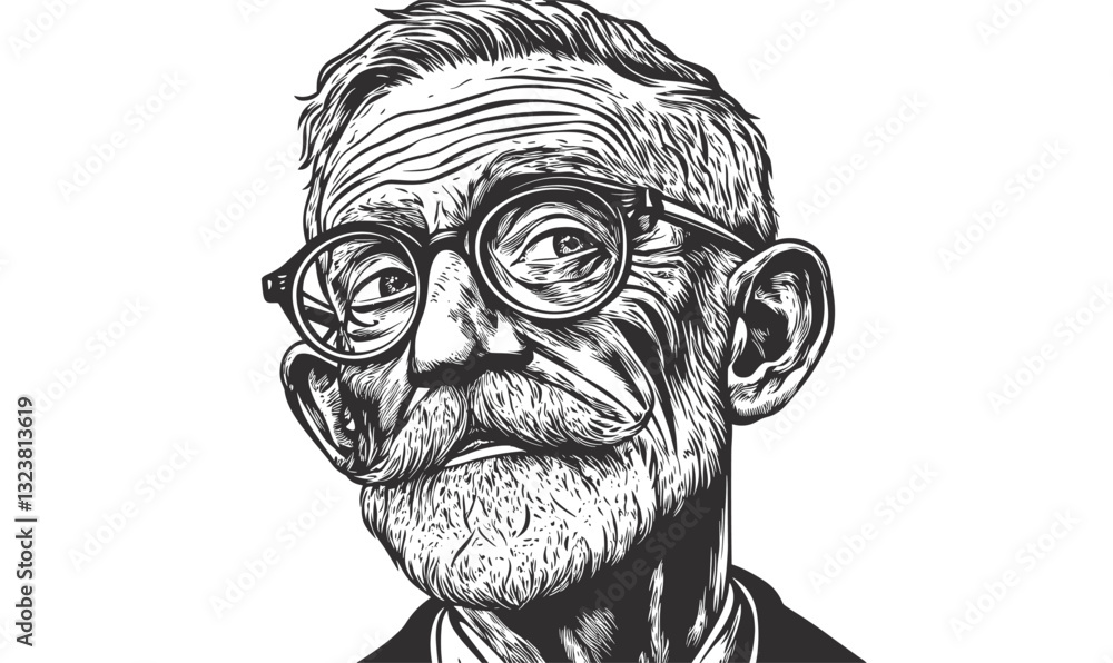 Elderly gentleman portrait with glasses and moustache - linear style vector illustration. Elderly gentleman portrait with glasses and moustache - linear style vector illustration.