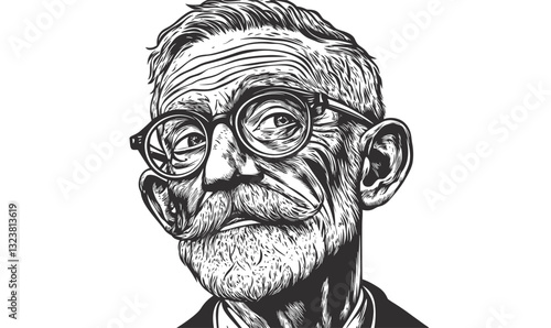 Elderly gentleman portrait with glasses and moustache - linear style vector illustration.