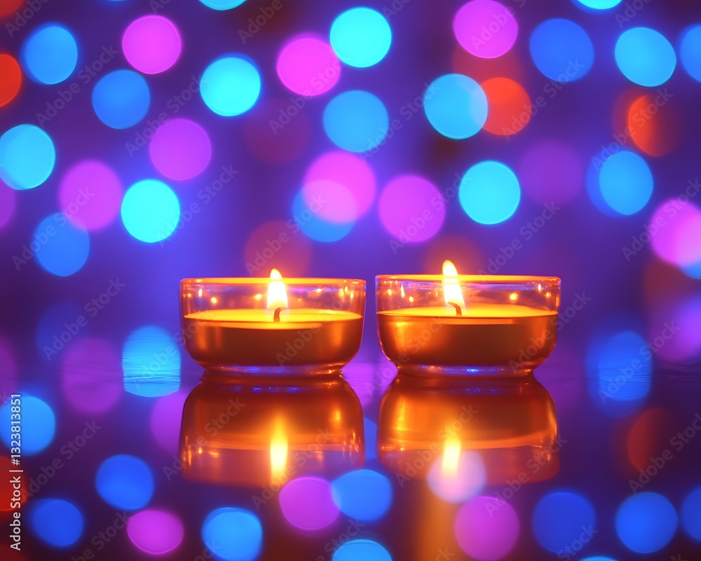 Two glowing candles reflected with colorful blurred background lights Two glowing candles reflected with colorful blurred background lights