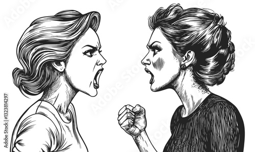 Angry women yelling vector - linear icons set.